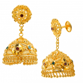 Temple Design Jhumkas with Floral Stud Gold Earrings
