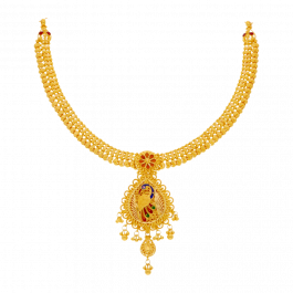 Peacock Enamel Locket with Hanging Diya Design Gold Necklace