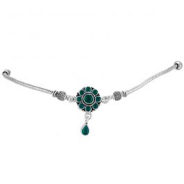 Mesmerizing Green Stone Floral And Red Stone Pear Silver Anklet