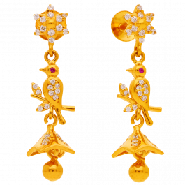 Cute Love Bird With Floral Dangler Gold Earrings