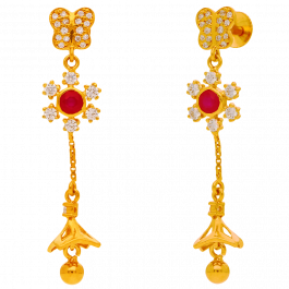 Royal Red Stone Floral Dangler Gold Earrings