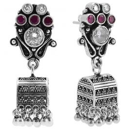 Traditional Stone Studded Box Type Jhumka Silver Earrings