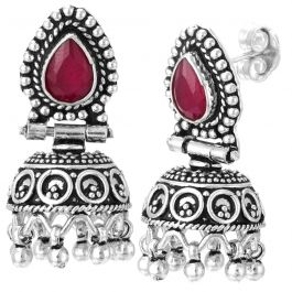 Traditional Red Stone With Pear Shape Silver Earrings