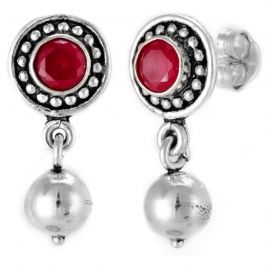 Oxidized Red Stone With Dancing Ball Silver Earrings