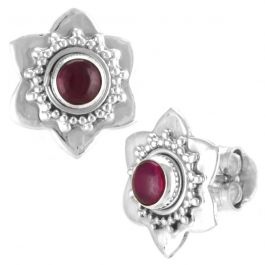 Stunning Red Stone Floral Stud Silver Earrings