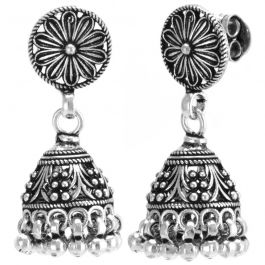 Traditional Floral Chakra Jhumka Beads Silver Earrings