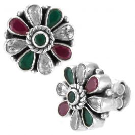 Opulent Color Stones Floral Silver Earrings
