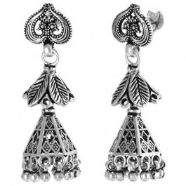 Traditional Oxidized Leaf And Peacock Design Silver Earrings
