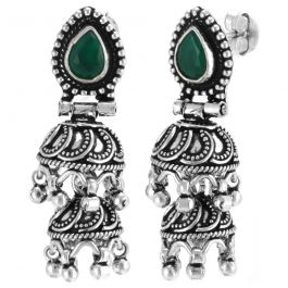 Traditional Green Stone Jhumka Silver Earrings