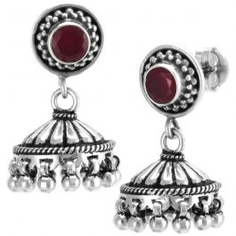 Traditional Red Stone Jhumka Beads Silver Earrings