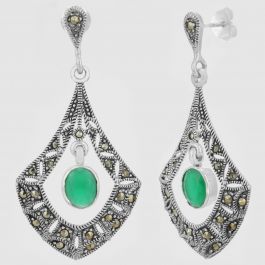 Grand Sleek Green Stone Silver Earrings