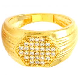 Gold Polish with Hexagon Design Stone Silver Ring