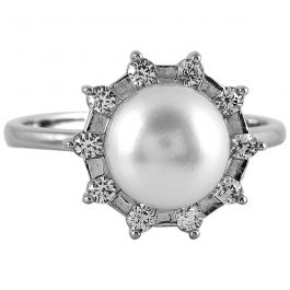 Beautiful Pearl & White Stone Silver Ring
