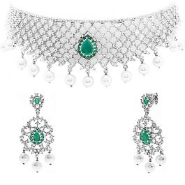 Gorgeous Green Stones With Pearl Silver Necklace And Earrings