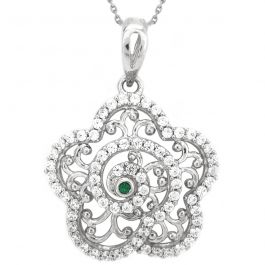 Green And White Stones Floral Silver Pendant