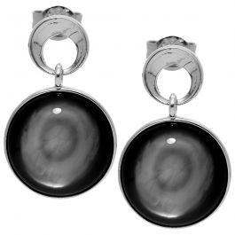 Black Stone Round Shape Silver Earrings