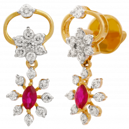 Dazzling Oval Flower With Red Stone Diamond Earrings