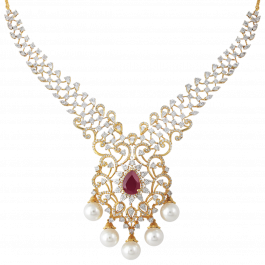 Luminous Single Stone Ruby With Pearl Drops Diamond Necklaces